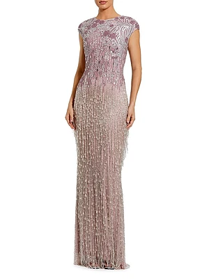 Evening Embellished Mesh Cap-Sleeve Gown