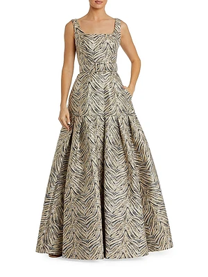 Evening Metallic Brocade Belted Gown