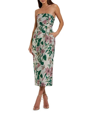 Floral Brocade Strapless Midi-Dress