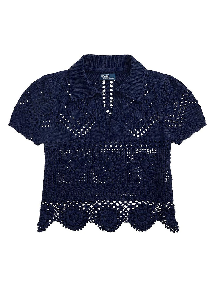Pointelle Cotton Short-Sleeve Polo Top