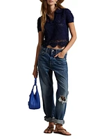 Pointelle Cotton Short-Sleeve Polo Top