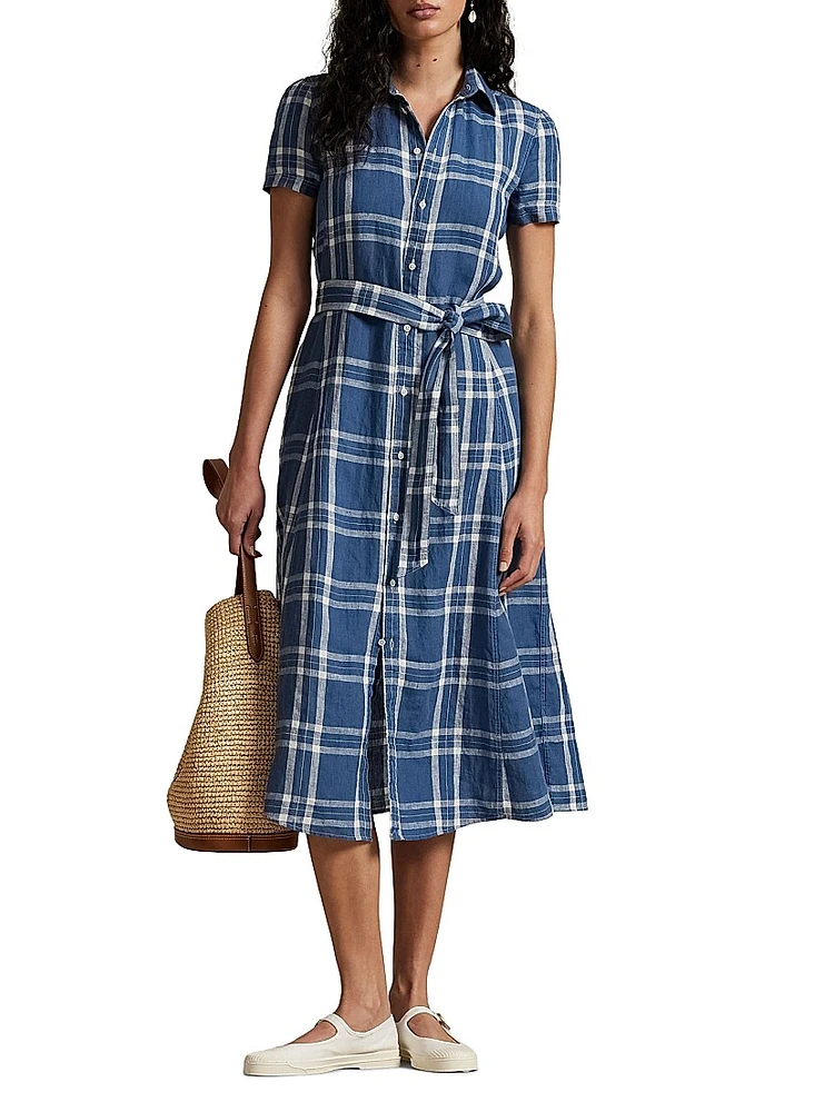 Plaid Linen Tie-Waist Midi-Shirtdress