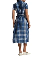 Plaid Linen Tie-Waist Midi-Shirtdress