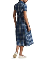 Plaid Linen Tie-Waist Midi-Shirtdress
