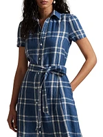 Plaid Linen Tie-Waist Midi-Shirtdress