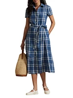Plaid Linen Tie-Waist Midi-Shirtdress