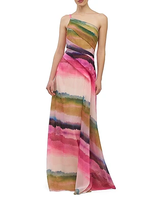 Ombré Stripe Organza One-Shoulder Gown