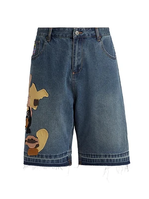 Patchwork Face Baggy Denim Shorts