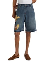 Patchwork Face Baggy Denim Shorts