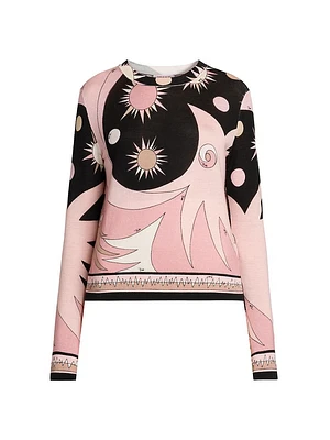 Wool-Silk Intarsia Crewneck Sweater