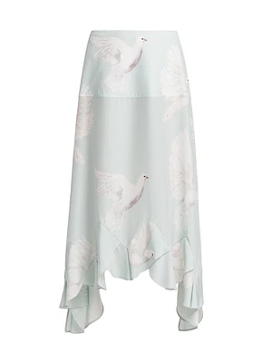 Birds Silk Asymmetric Maxi Skirt