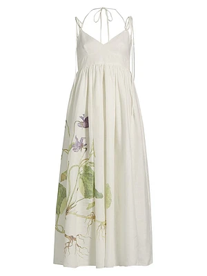 Floral Linen Strappy Midi-Dress
