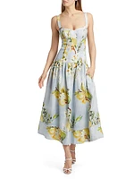 Makenna Floral Linen Drop-Waist Midi-Dress