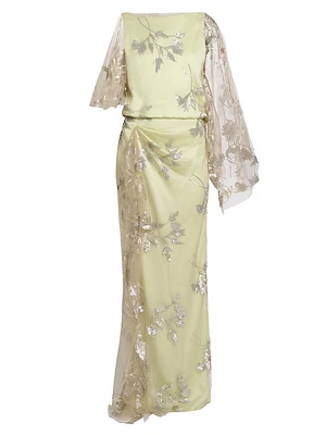 Metallic Floral Draped Column Gown