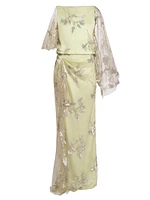 Metallic Floral Draped Column Gown