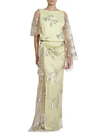 Metallic Floral Draped Column Gown