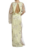 Metallic Floral Draped Column Gown