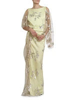Metallic Floral Draped Column Gown