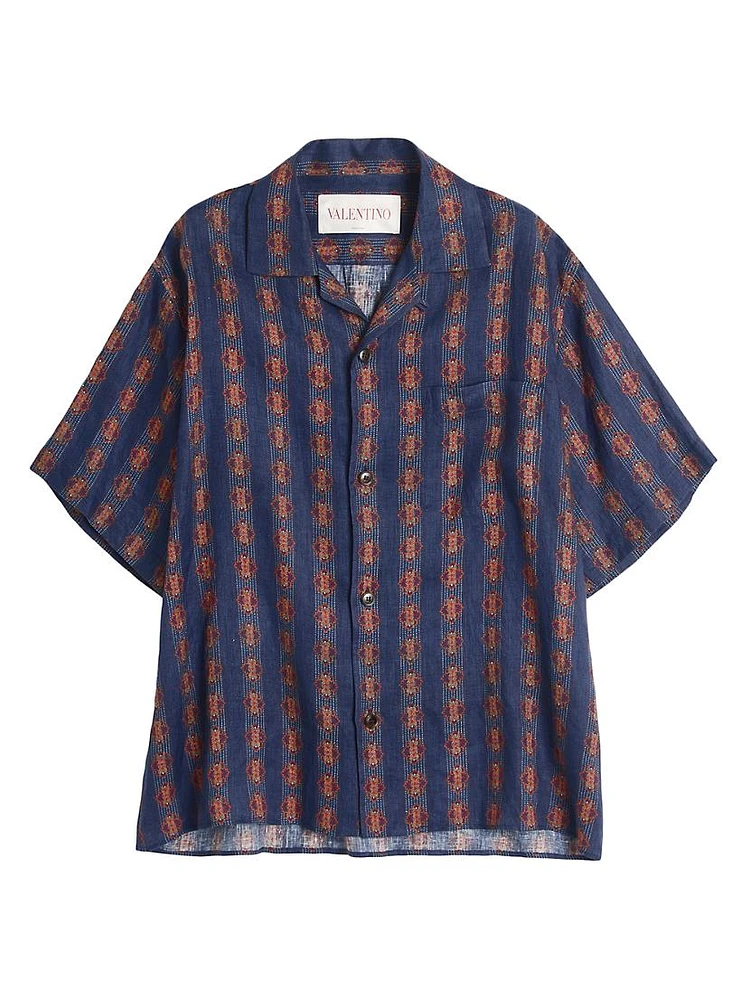 Linen Bowling Shirt with Voyage Imaginaire Print