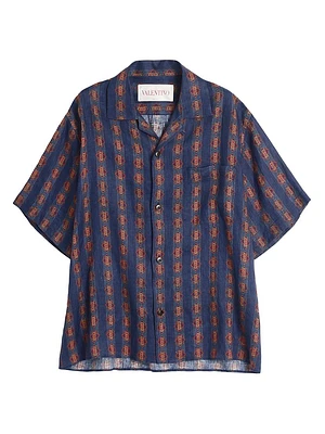 Linen Bowling Shirt with Voyage Imaginaire Print