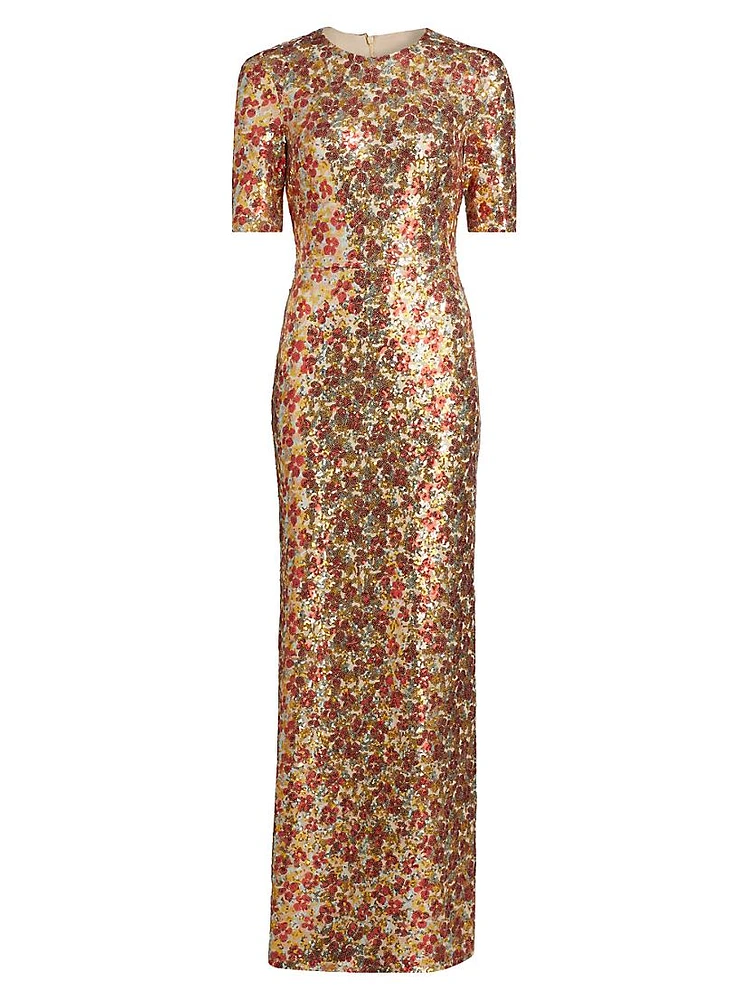 Floral-Sequined Short-Sleeve Gown