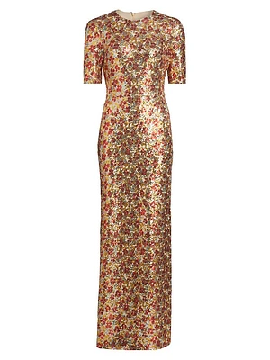 Floral-Sequined Short-Sleeve Gown