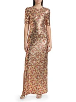 Floral-Sequined Short-Sleeve Gown