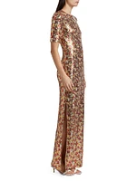 Floral-Sequined Short-Sleeve Gown