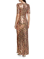 Floral-Sequined Short-Sleeve Gown