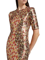 Floral-Sequined Short-Sleeve Gown