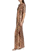 Floral-Sequined Short-Sleeve Gown