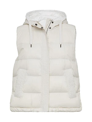 Lightweight Matte Nylon Down Vest with Hood and Shiny Trim