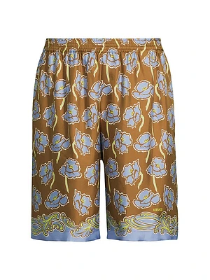 Barocco Poppies Print Silk Shorts
