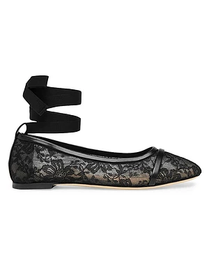 Sabina Lace Flat Pumps with Ribbons