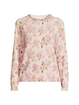 Embellished Rose-Printed Cotton-Cashmere Sweater