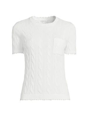 Frayed Cable-Knit Short-Sleeve Sweater
