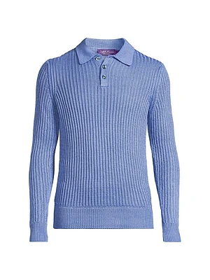 Textured Linen-Silk Polo-Collar Sweater