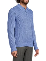 Textured Linen-Silk Polo-Collar Sweater