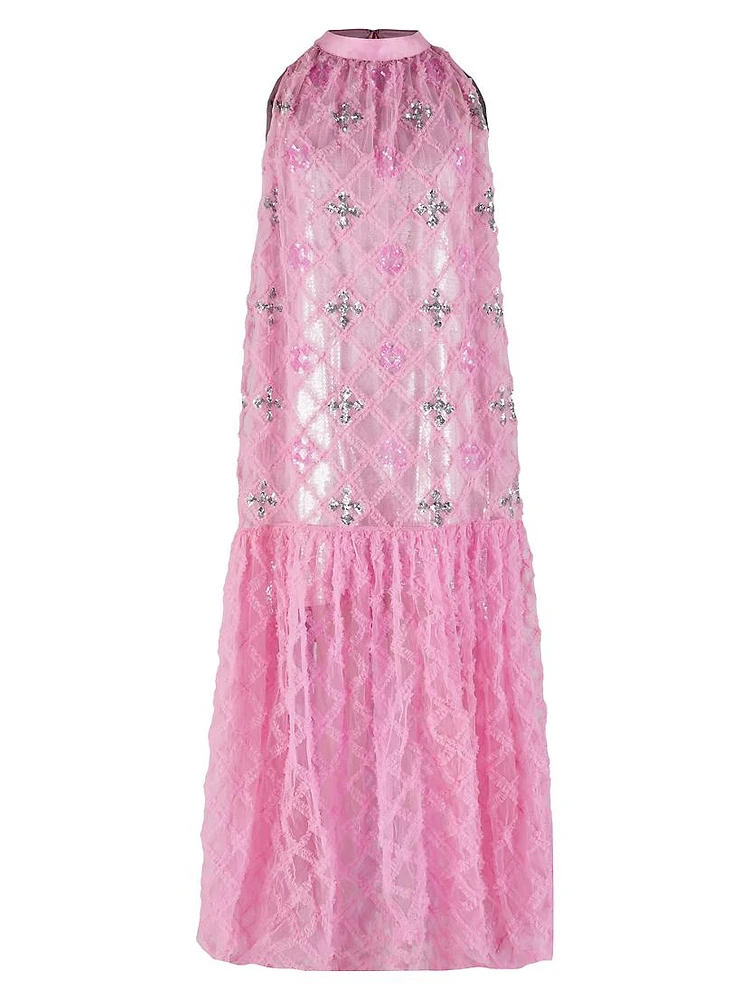 Sequin-Embellished Ruffled Checked Halterneck Gown