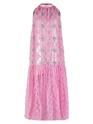 Sequin-Embellished Ruffled Checked Halterneck Gown