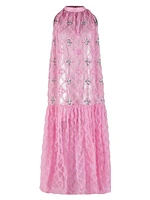 Sequin-Embellished Ruffled Checked Halterneck Gown