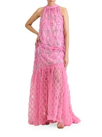 Sequin-Embellished Ruffled Checked Halterneck Gown