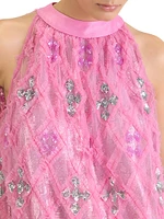Sequin-Embellished Ruffled Checked Halterneck Gown
