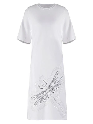 Cotton Embroidered-Dragonfly T-Shirt Midi-Dress