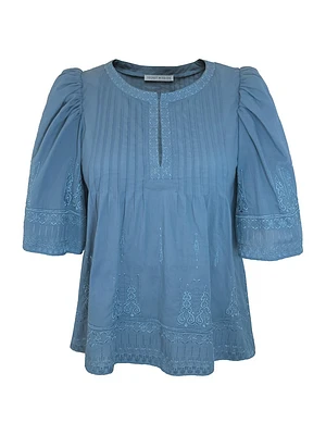 Bridge Hampton Kali Embroidered Cotton Split-Neck Blouse