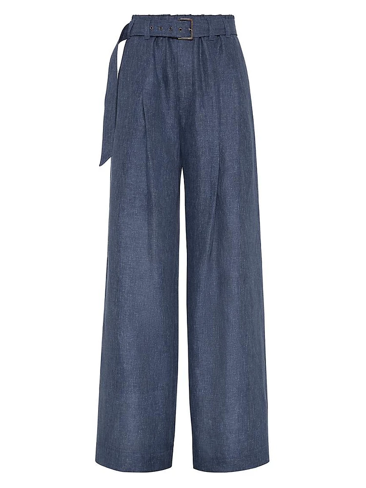 Denim Effect Linen Explorer Trousers with Monili