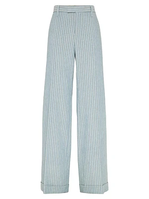 Linen and Hemp Chalk Stripe Twill Loose Flared Trousers with Monili