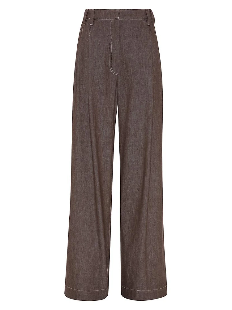 Denim Effect Twill Smart Wide Trousers