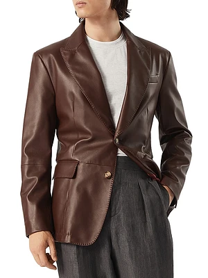 Polished Nappa Leather Blazer with Peak Lapels