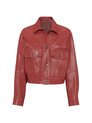 Polished Leather Outerwear Jacket with Monili